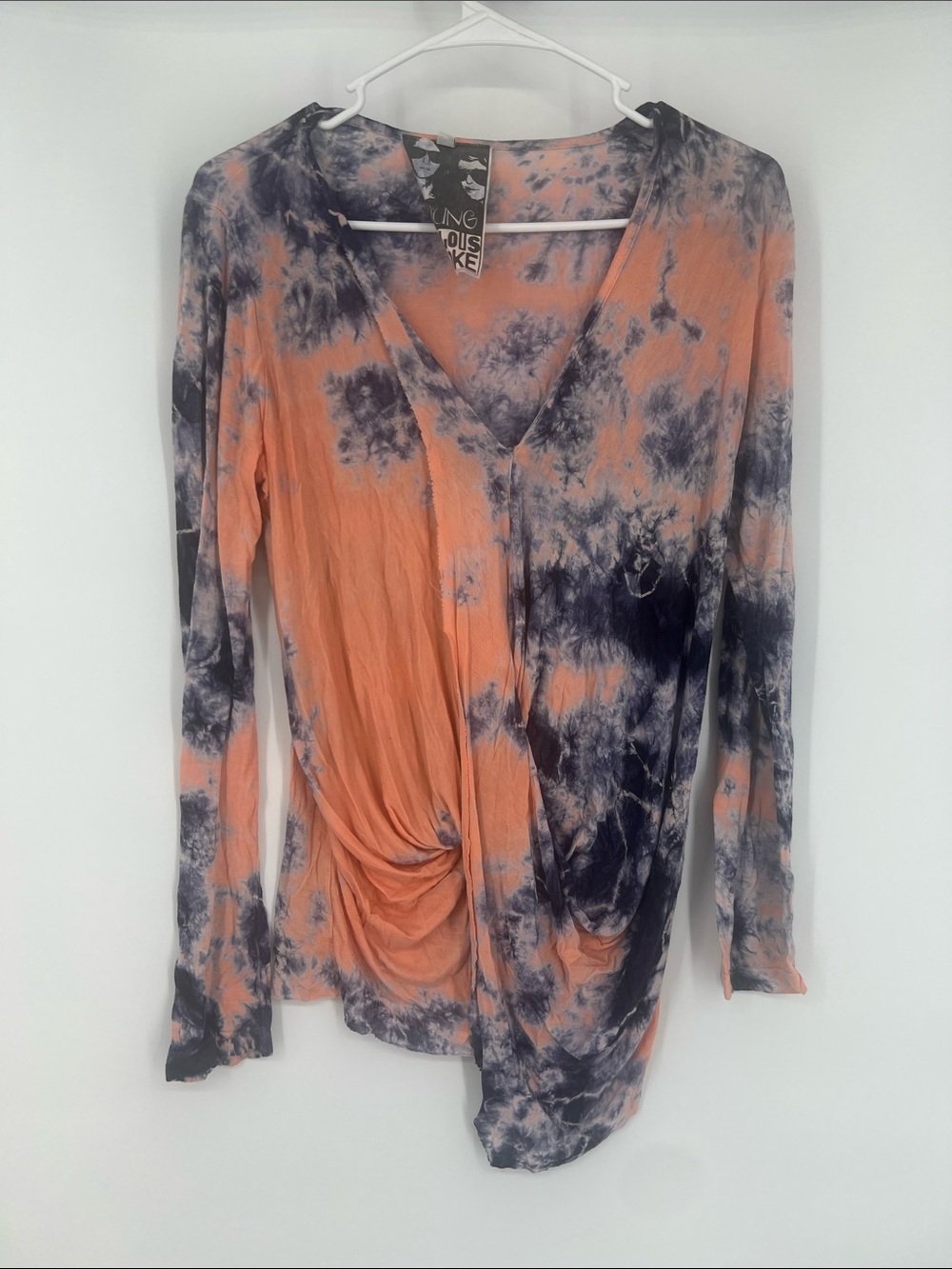 Young Fabulous & Broke Coral and Navy Tie-Dye V-Neck Long Sleeve Top